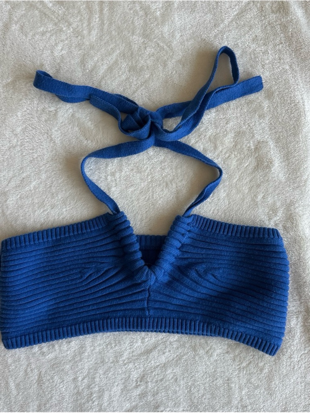 Blue Ribbed Knit Halter Crop Top